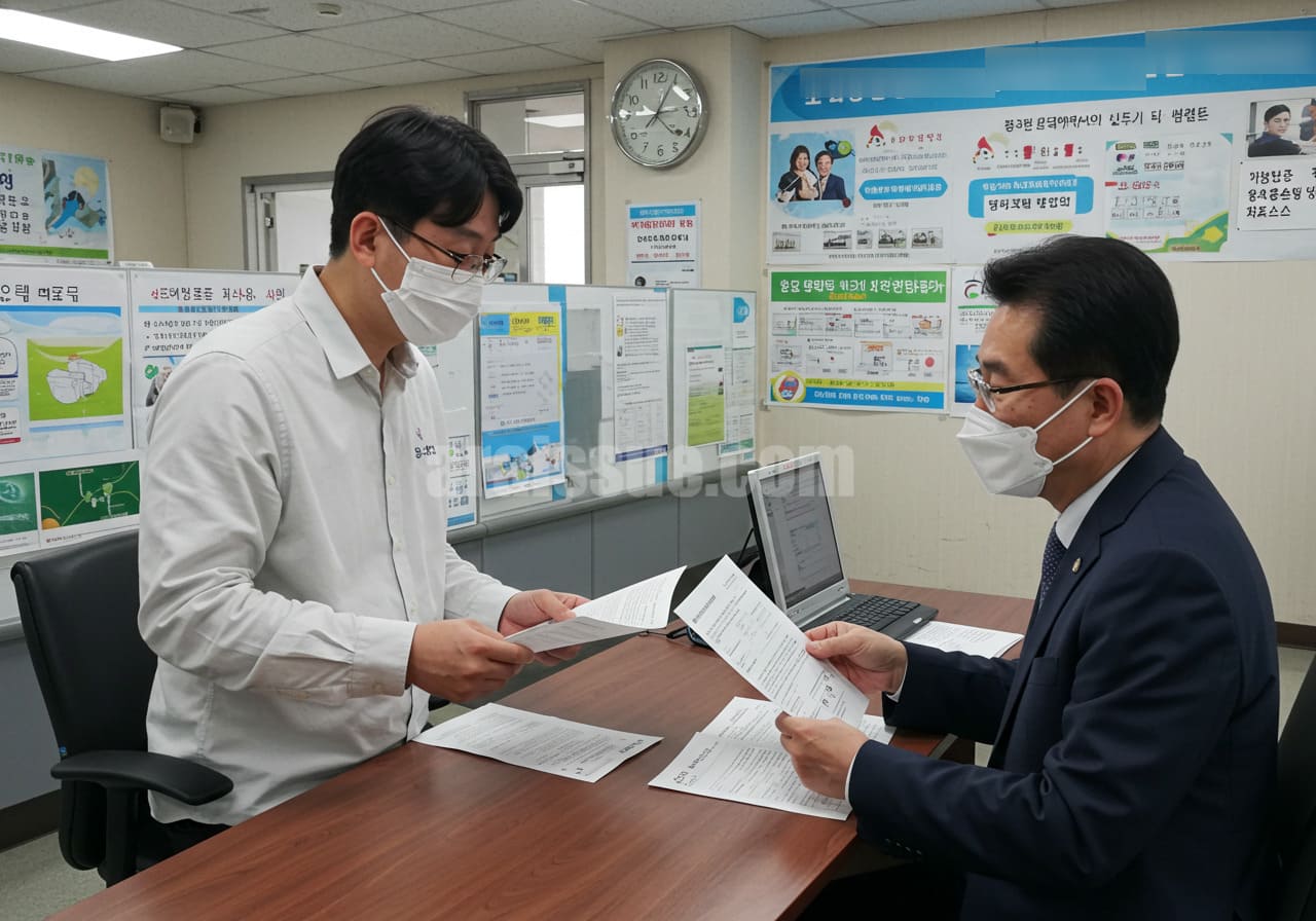 한국 성인 남성이 주민센터에서 부모와의 세대 분리 관련 건강보험 상담을 받고 있는 장면. 신분증과 서류를 들고 있으며, 배경은 민원창구와 안내 포스터, 대기석 등으로 가득한 실제 행정 공간을 표현.
