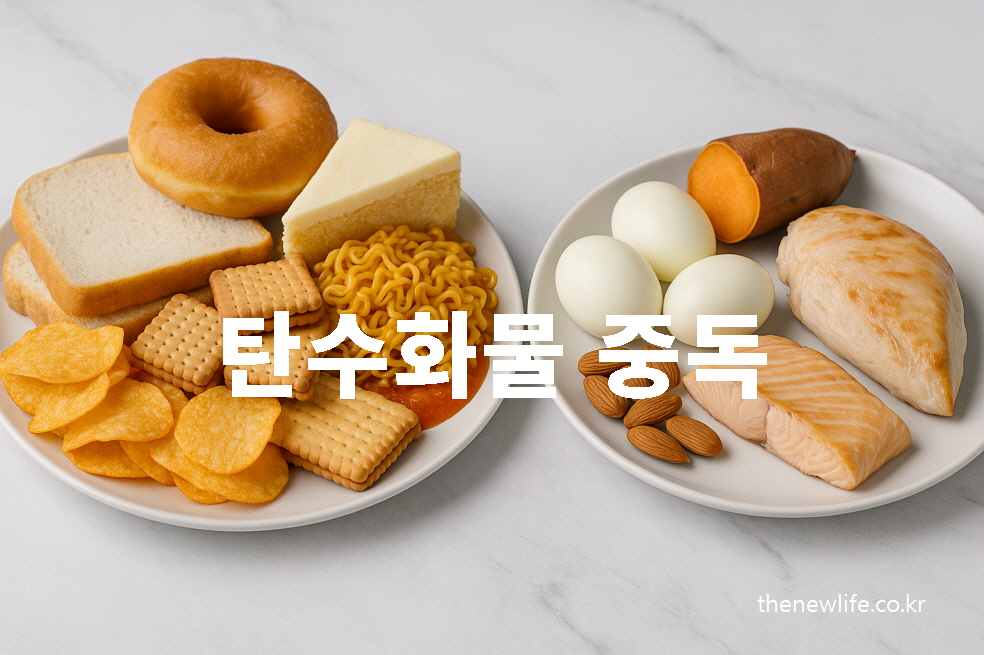 탄수화물 중독 – 정제 탄수화물과 건강한 대체 식단 비교 이미지