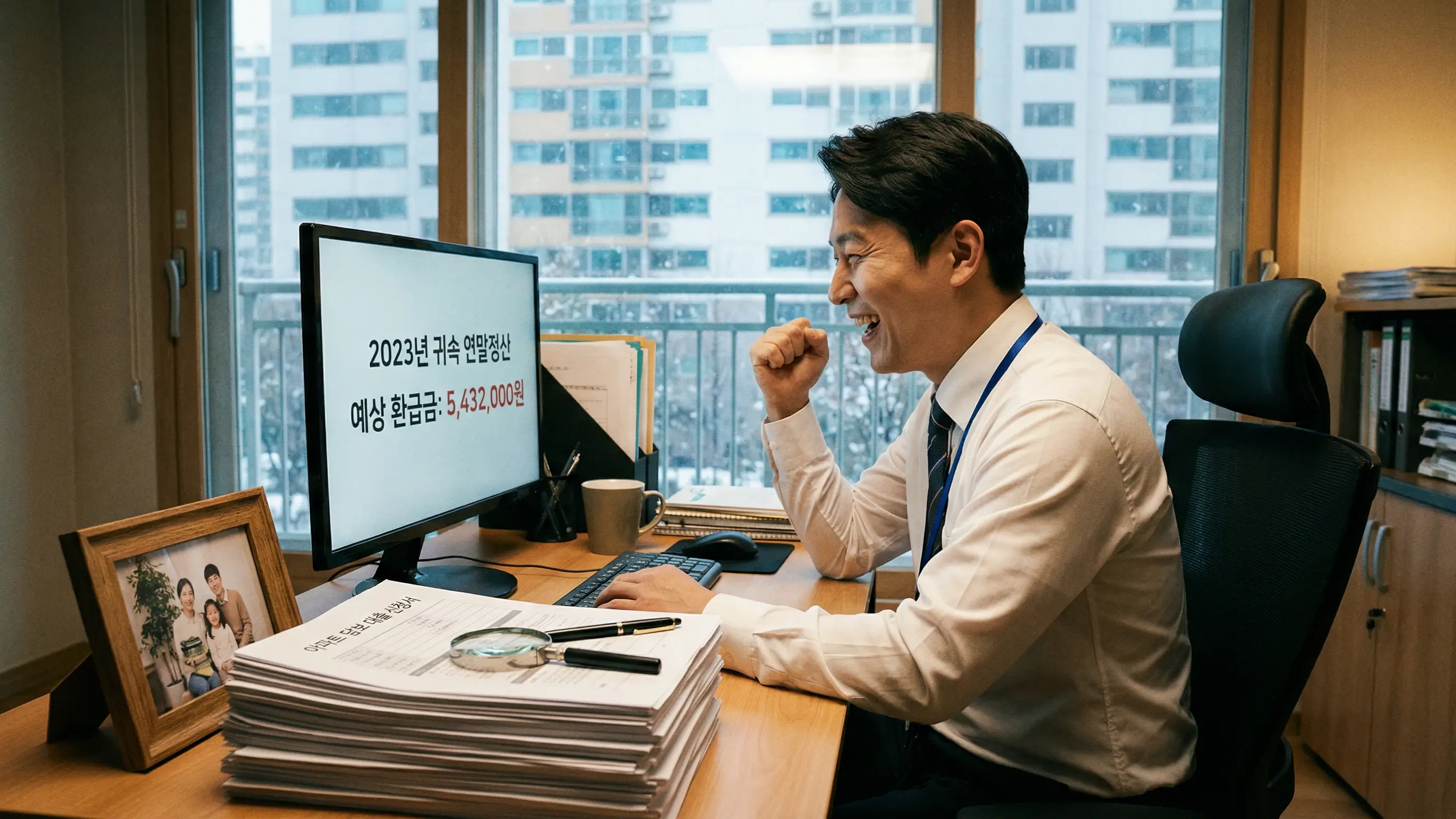 연말정산 환급금을 계산하며 기뻐하는 직장인과 아파트 담보 대출 서류가 놓인 책상 이미지