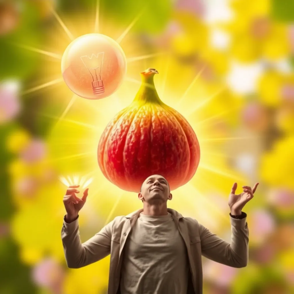 무화과 열매가 전구처럼 밝게 빛나거나, 무화과를 먹는 사람이 갑자기 힘이 솟아나는 듯한 활기찬 포즈를 취하는 모습입니다. 역동적이고 생동감 넘치는 색감과 빛 효과를 사용하여 에너지 넘치는 분위기를 표현합니다.