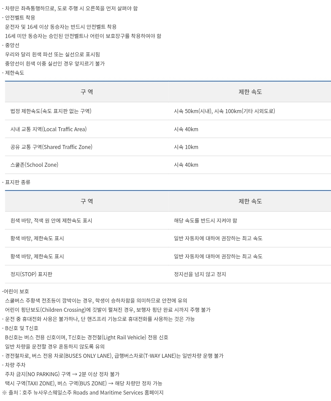 호주 자동차 운전 시 유의사항