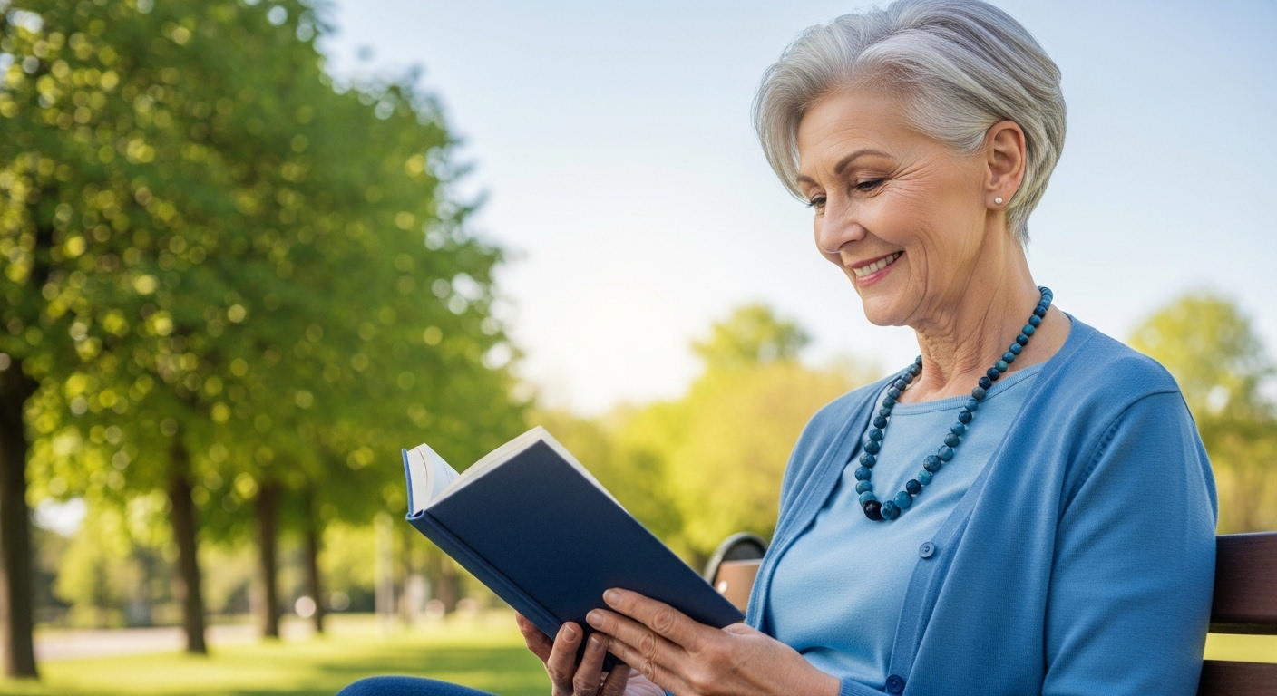 공원 벤치에 앉아 밝게 웃으며 독서하는 60대 여성, 평화로운 노년의 정신 건강을 상징합니다.