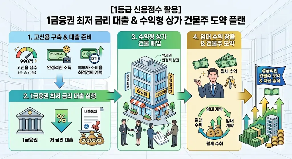 1등급 신용점수를 활용해 1금융권에서 최저 금리 대출을 받고 수익형 상가 건물을 매입하여 월세를 받는 건물주 도약 플랜