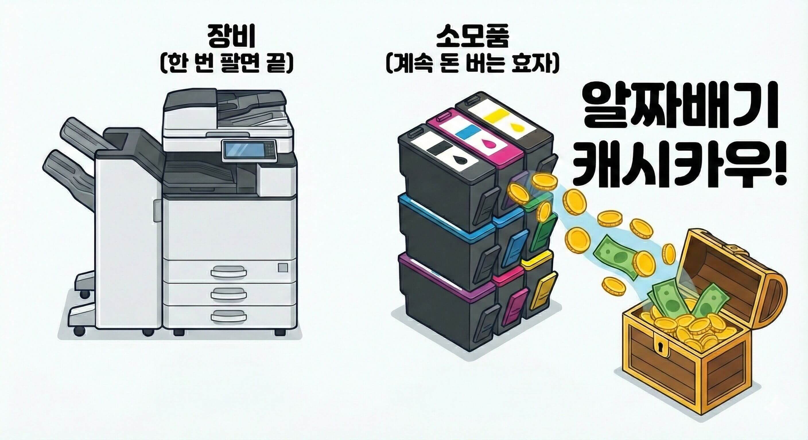 반도체 장비주와 부품주 수익 구조 비교 - 프린터 장비와 잉크 소모품 비유 일러스트