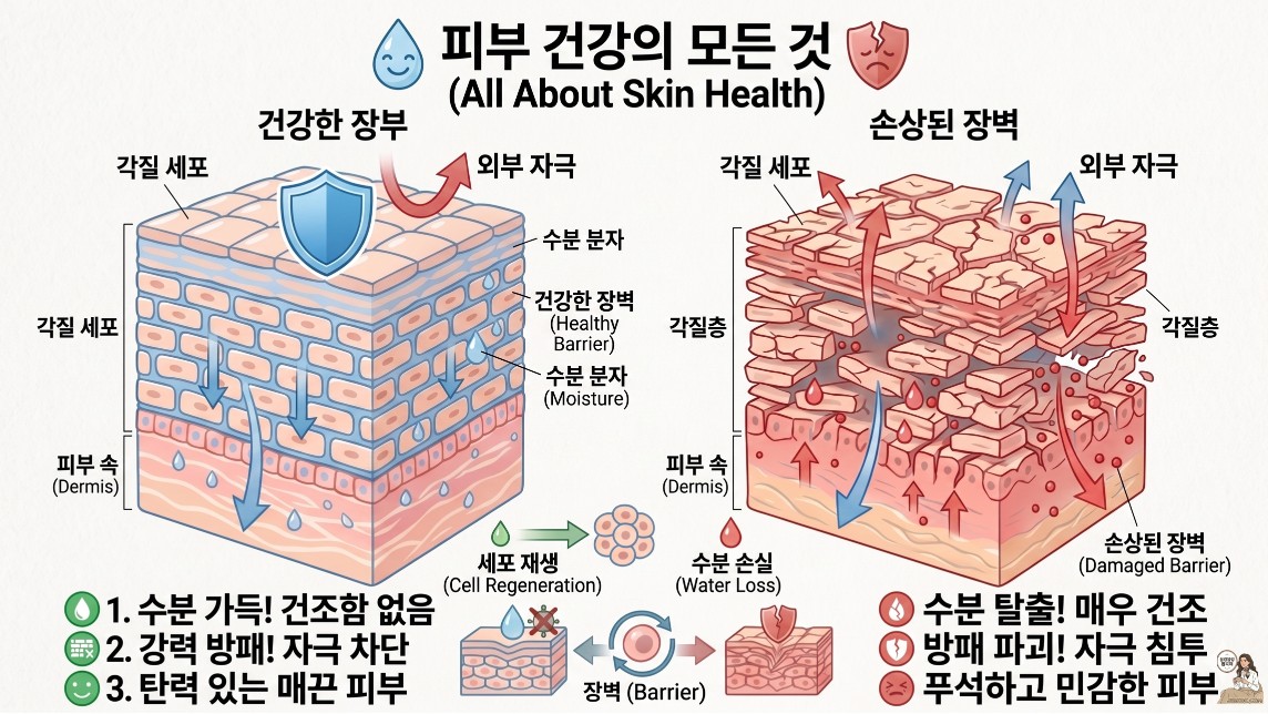 건강한 피부 장벽과 손상된 피부 장벽의 비교 도식