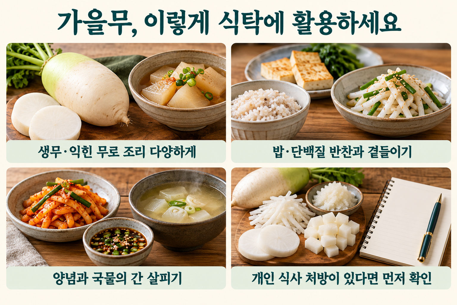 무의 조리 형태&middot;식사 구성&middot;양념과 국물&middot;개인 식사 안내를 구분한 네 가지 정리
