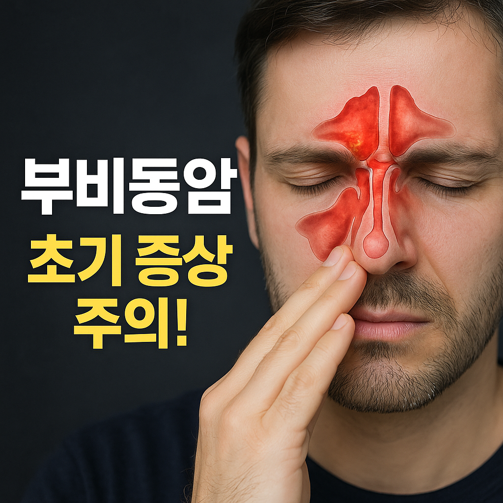“부비동 부위에 염증을 표시한 얼굴 일러스트와 함께 ‘부비동암 초기 증상 주의’라는 경고 문구가 적힌 의학적 정보 썸네일 이미지”