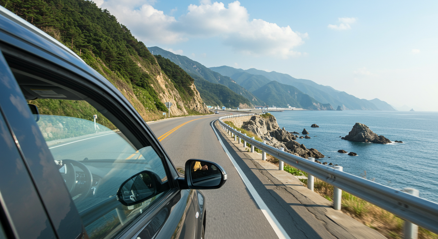 강원도 해안 도로를 달리는 자동차와 푸른 동해 바다.