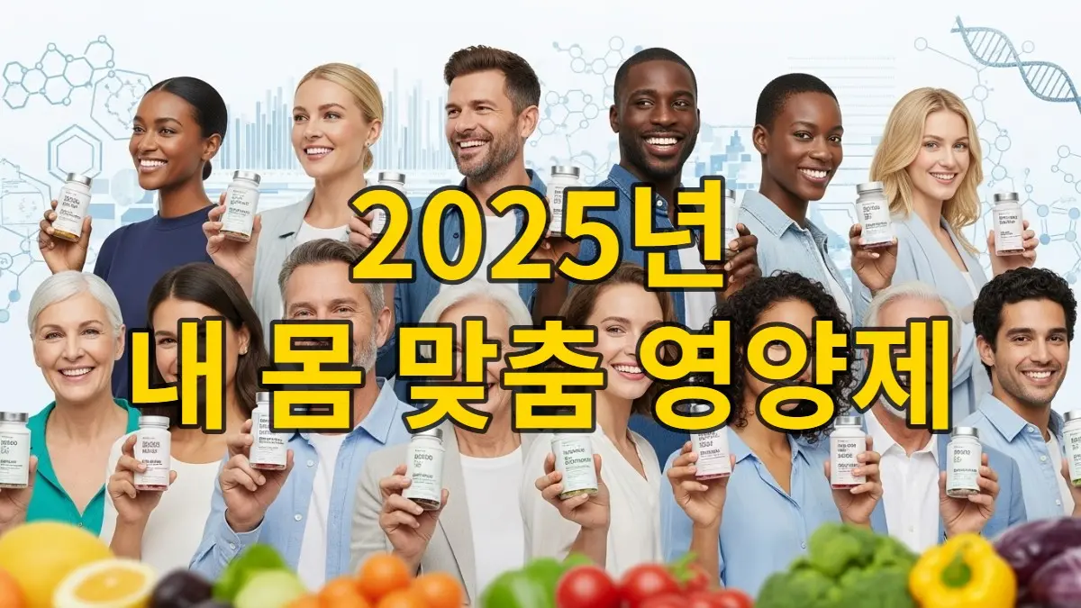 2025년 개인 맞춤형 영양제를 통해 건강하고 활기찬 삶을 살아가는 다양한 사람들의 모습.