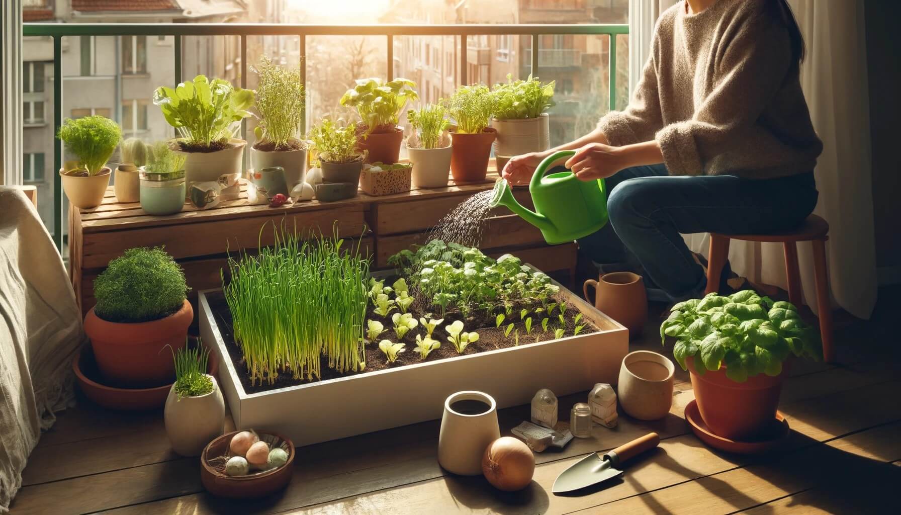 무(미니무)와 부추가 나란히 자라고 있는 베란다 정원, 깔끔하고 아늑한 도시 가드닝