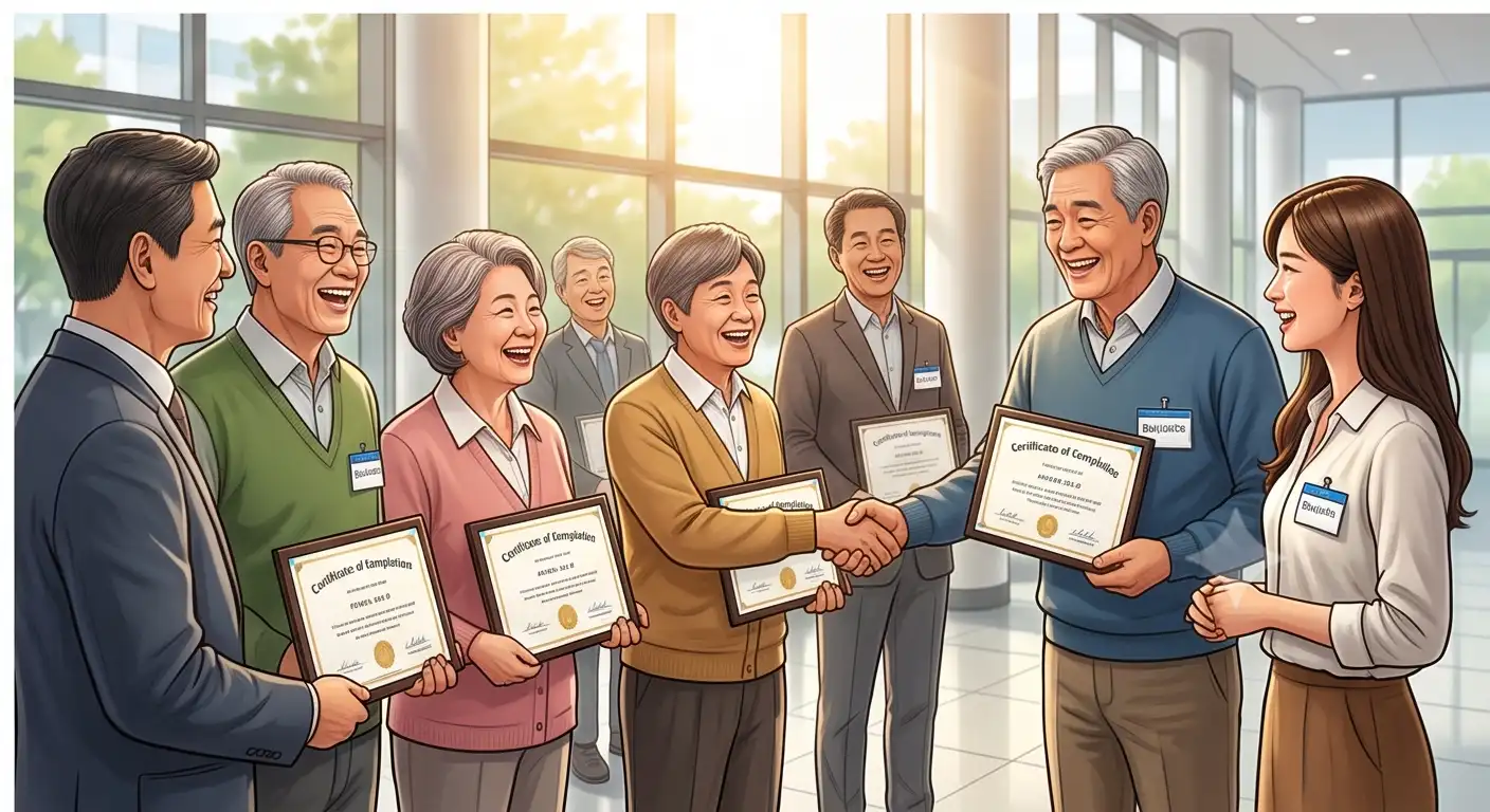 폴리텍 신중년 과정을 수료하고 이수증을 받으며 축하를 나누는 중장년 교육생 일러스트