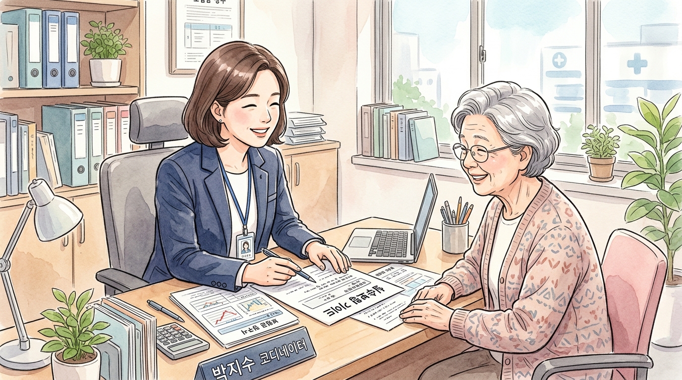 실손보험 비급여 청구 위해 환자가 병원 서류와 보험 약관을 꼼꼼히 대조하며 전문가와 상담하는 모습.