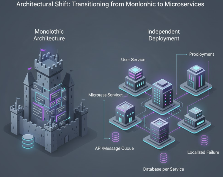 거대한 단일 코드베이스의 모놀리식 구조와 독립적인 서비스 및 데이터베이스로 구성된 마이크로서비스 아키텍처(MSA)를 비교하고, 서비스 간 통신과 확장성의 차이를 설명하는 인포그래픽 이미지.