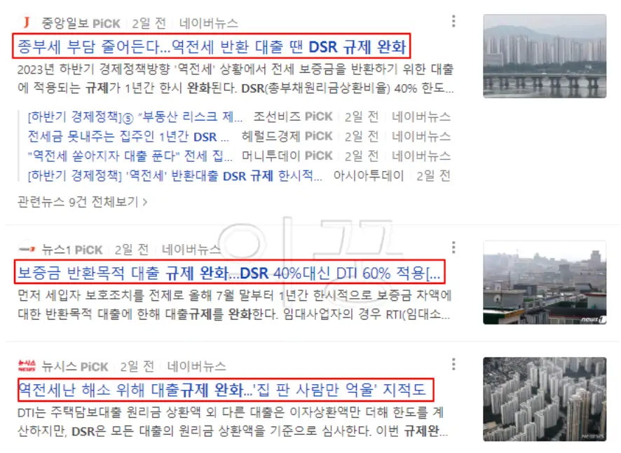 대출 규제 완화와 관련된 뉴스 기사들 사진