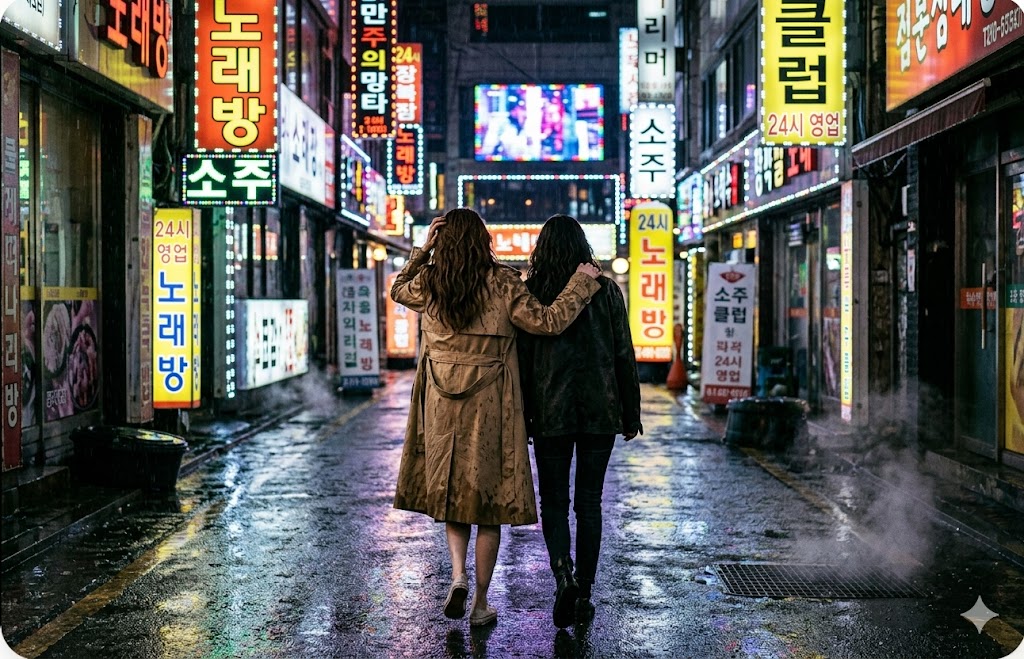 넷플릭스 영화 프로젝트Y 화려한 강남 네온사인 아래 상처투성이 얼굴로 비틀거리며 걸어가는 두 주인공의 처절한 뒷모습