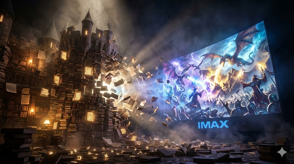 텍스트로 쌓아 올린 견고한 성이 스크린 위에서 화려하게 재탄생하기 직전의 긴장감을 담은 이미지