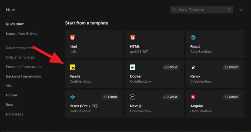 프로젝트의 종류(React, Vue, Angular 등)를 선택하거나, Vanilla(순수 HTML, CSS, JavaScript)로 선택합니다.