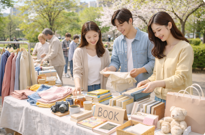 봄철 공원에서 열린 플리마켓에서 사람들이 의류와 책을 살펴보는 모습