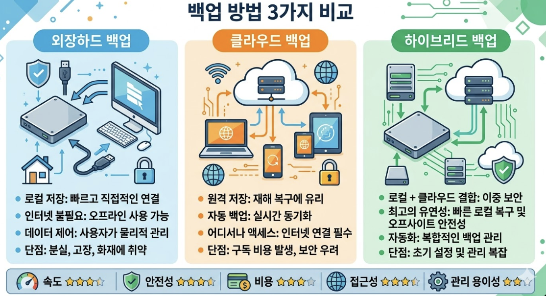 외장하드, 클라우드, 하이브리드 백업 방법 3가지를 도식화한 비교 이미지