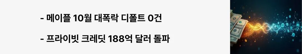 '메이플 10월 대폭락 디폴트 0건'이라는 문구가 포함된 웹배너 이미지. 이 이미지는 메이플 파이낸스의 위기 관리 능력과 프라이빗 크레딧 시장의 성장을 시각적으로 전달하며, 블로그의 고수익 실물 자산 토큰화와 관련된 내용을 설명함 (Maple Finance, private credit tokenization, $18.8B market)