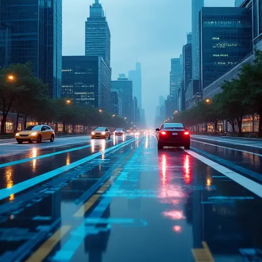 미래적인 도시 배경 위로 정밀한 디지털 지도가 홀로그램 형태로 공중에 떠있고, 도로 위에서는 자율주행차들이 경로를 따라 스스로 주행하고 있는 모습.