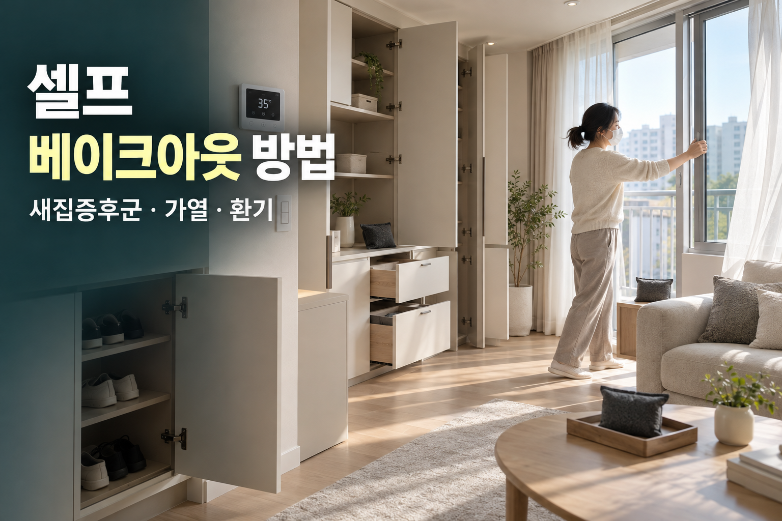 새 아파트 수납장을 열고 난방 후 창문을 열어 환기하는 셀프 베이크아웃