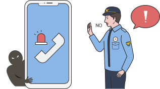 휴대폰-뒤에-보이스피싱-사기범이-숨어-있고-그앞에-경찰관이-서있는-일럭스트사진