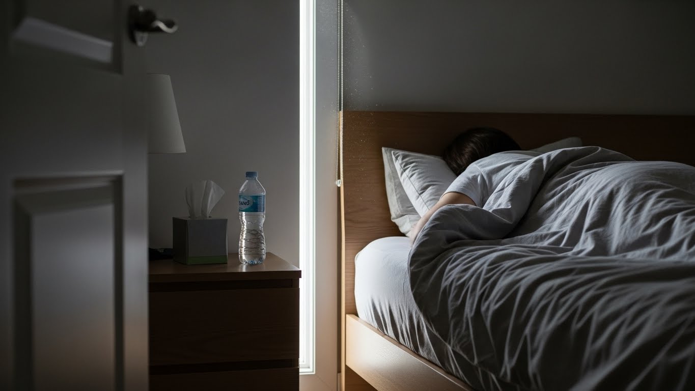 침실에서-혼자-쉬고-있는-사람의-사실적인-이미지입니다.