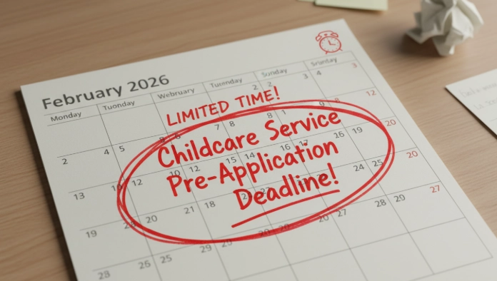 2026년 2월 달력에 2일부터 27일까지의 영유아 보육서비스 사전 신청 기간이 빨간색으로 강조되어 있는 모습. 긴박감을 나타냅니다.