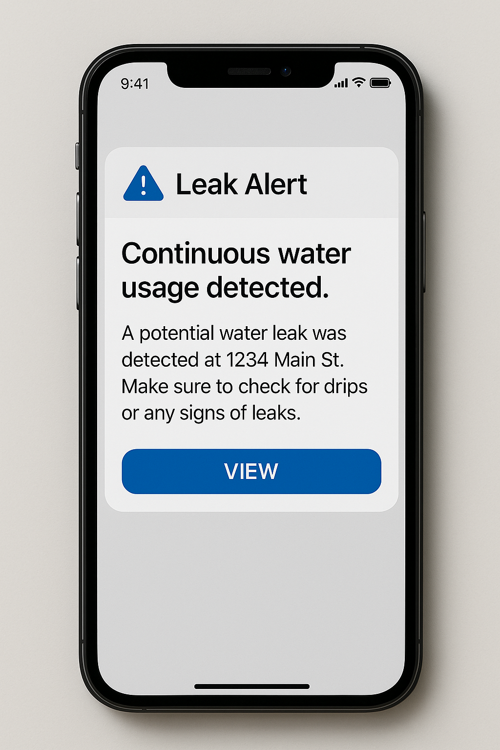 스마트폰에 누수 의심 알림이 도착한 예시 화면