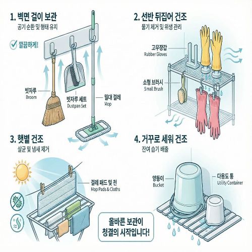 주방 청소 도구 관리, 빗자루·걸레·장갑 위생적으로 사용하는 법