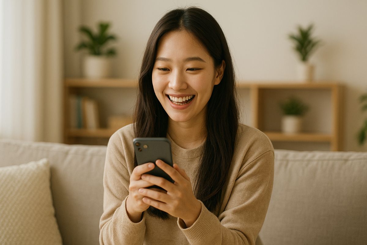 지원금 알림을 받는 젊은 여성