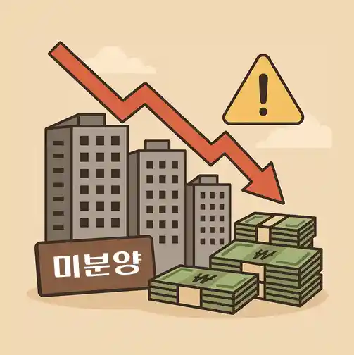 아파트 위로 붉은 하락 화살표와 경고 표지, 원화 지폐 더미가 있는 아파트 미분양을 상징하는 그림