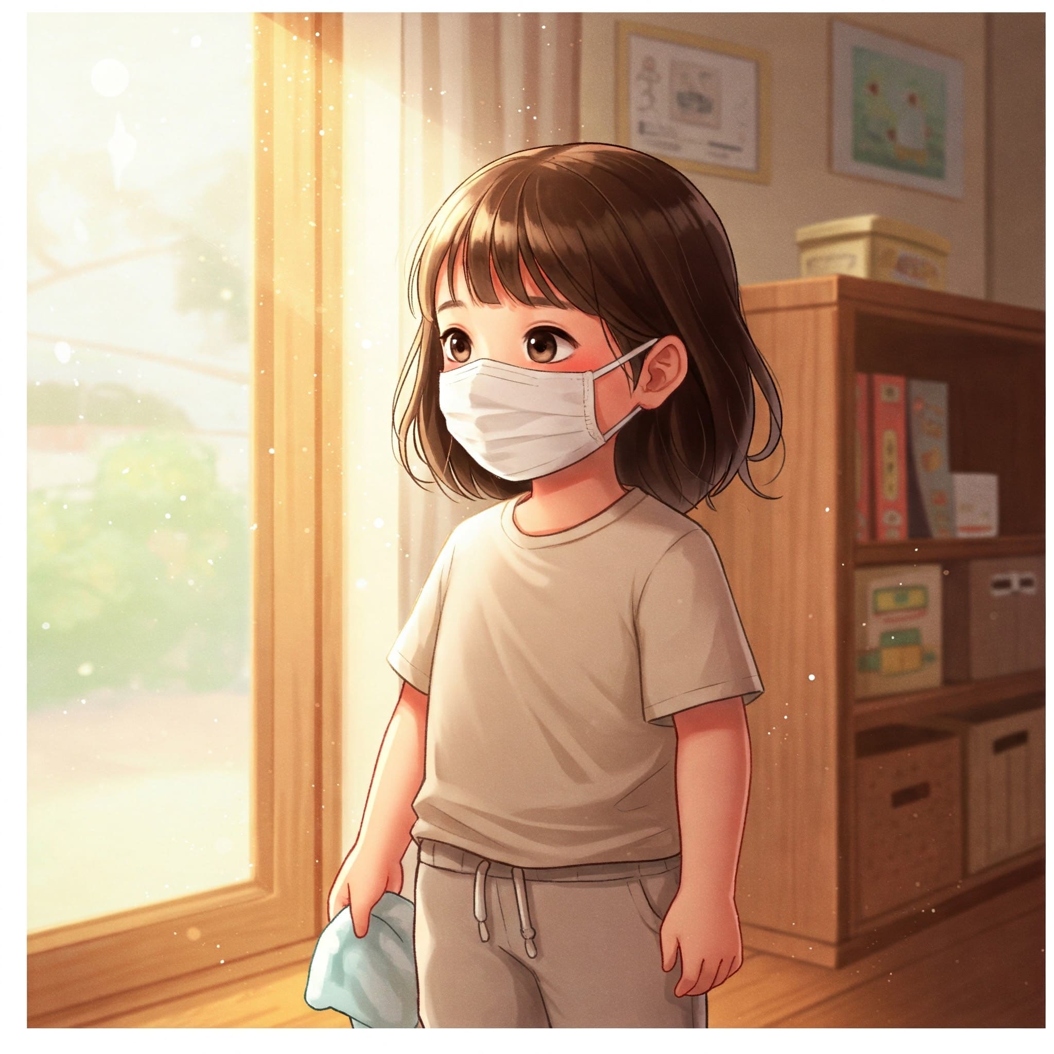 어린이가 KF 마스크를 착용하고 봄날 외출 준비하는 장면 + 따뜻한 색감의 실내 정리 장면 / 시각화: 일러스트 또는 부드러운 톤의 사진 / 톤: 보호, 따뜻함, 청결함 강조
