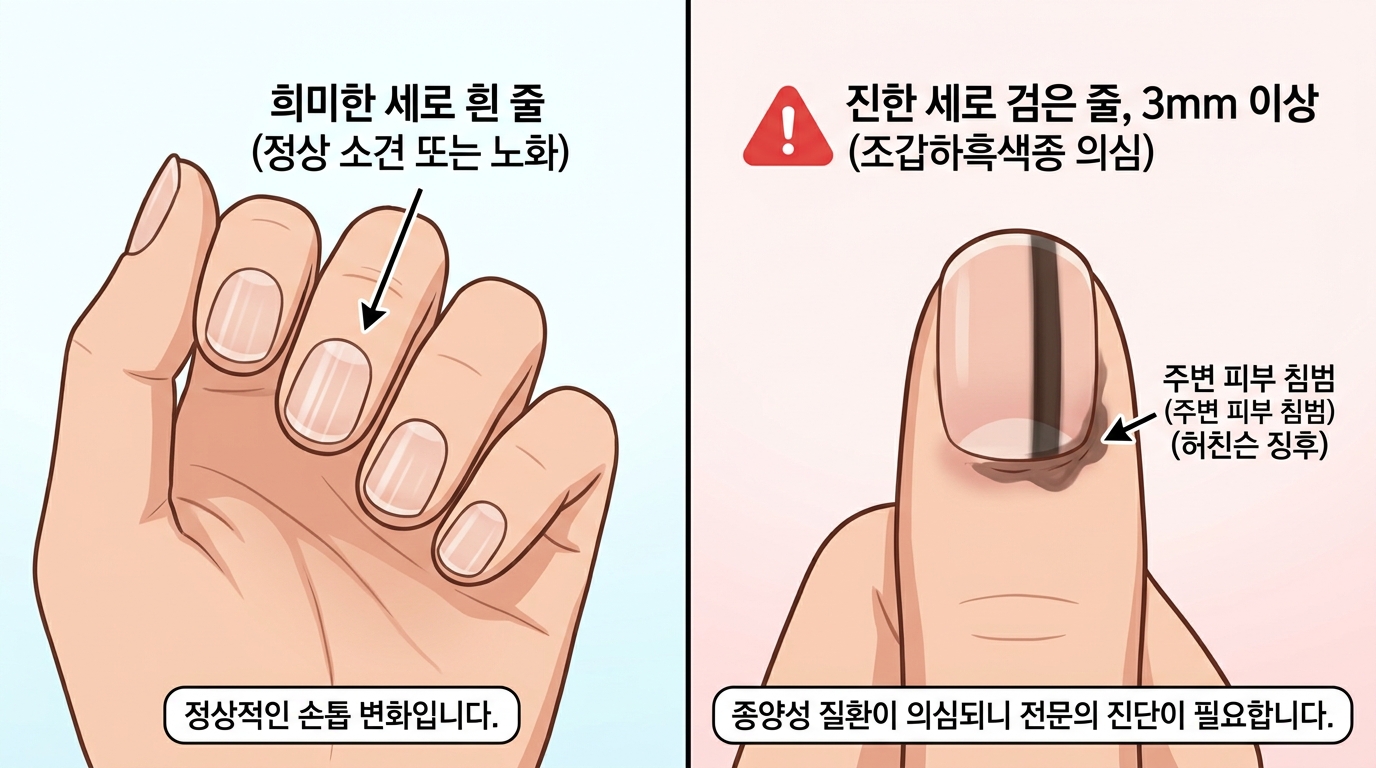 "왼쪽의 정상적인 영양 부족성 하얀 손톱 세로줄과 오른쪽의 피부암 의심 증상인 3mm 이상 두꺼운 손톱 검은 선 및 주변 피부 색소 침착 현상을 선명하게 대조하여 보여주는 2D 의학 인포그래픽 일러스트 이미지."