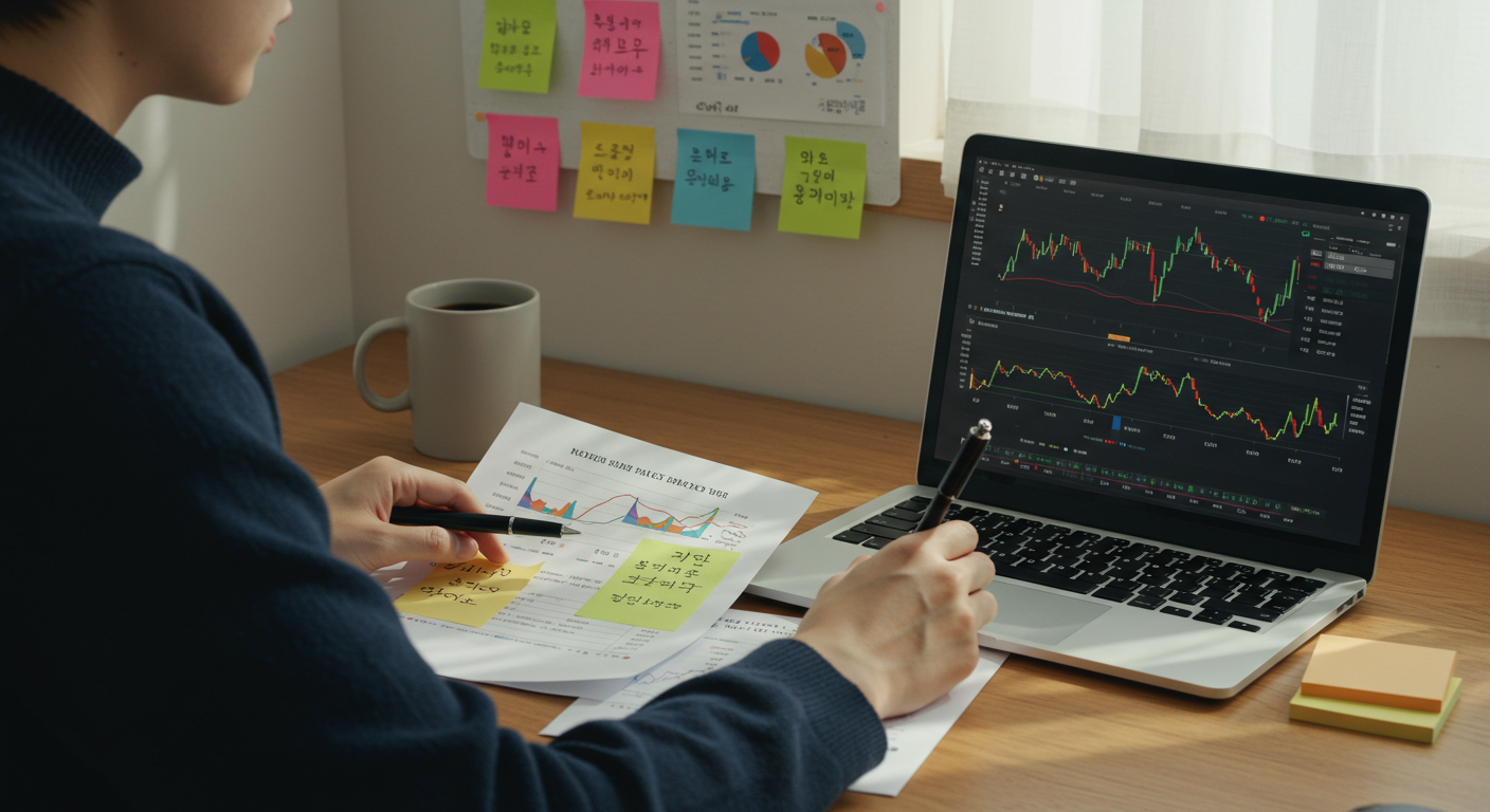 재무제표와 종목 분석 자료를 바탕으로 주식 공부 중인 초보 투자자의 홈오피스 책상 풍경