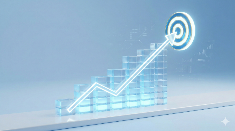 빛나는 블록으로 쌓아 올린 우상향 막대그래프와 상단의 타겟 화살표를 통해, 허가(인가) 이후의 성공적인 수익 모델 구축과 전략적 사업 빌드업 과정을 표현한 3D 일러스트