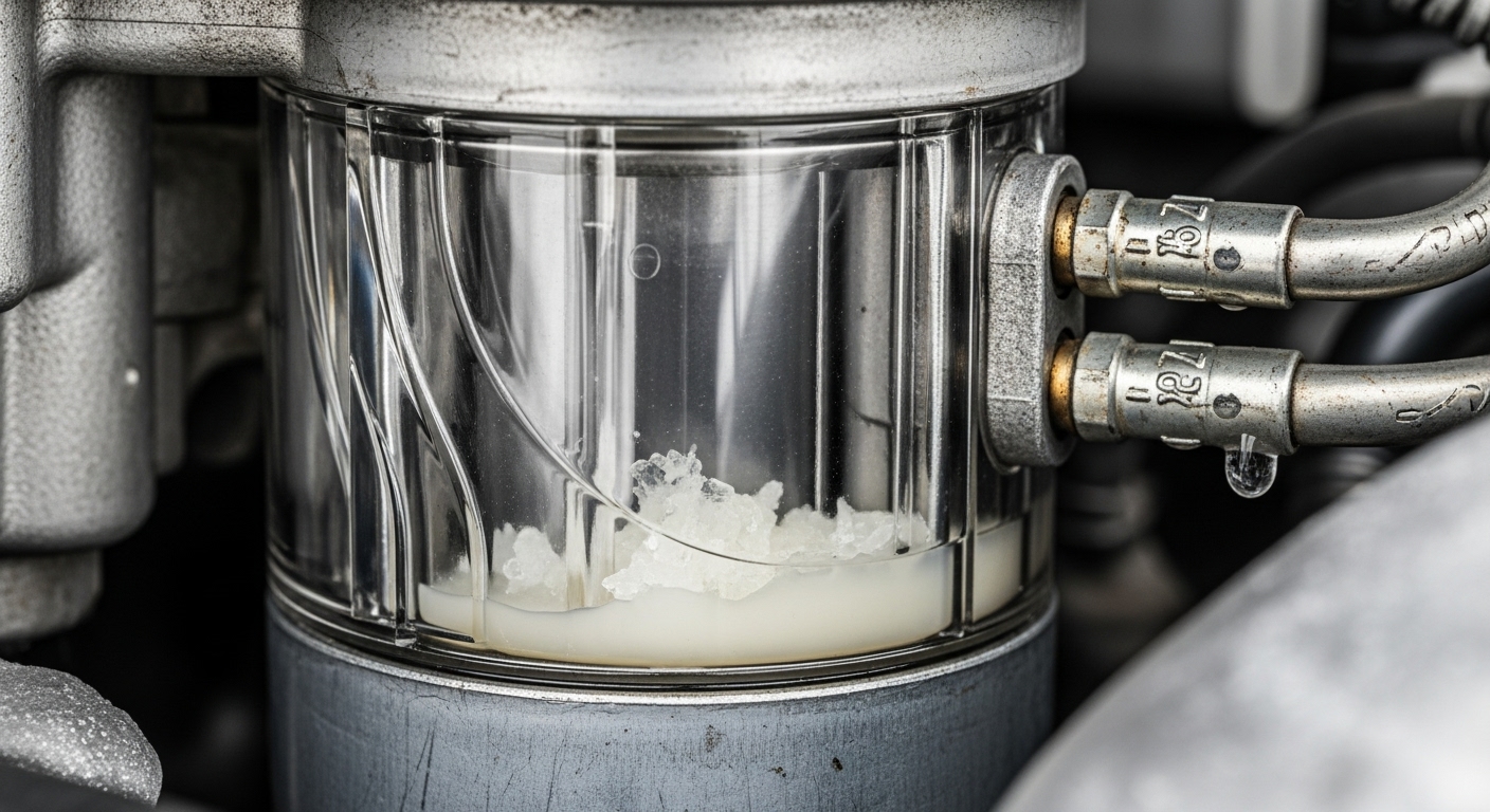 차량 엔진룸에 있는 디젤 연료 필터의 근접 사진. 필터 내부에 수분이나 왁싱 현상으로 인한 불순물이 보이는 모습으로, 연료 필터 점검 및 교체의 필요성을 나타낸다.