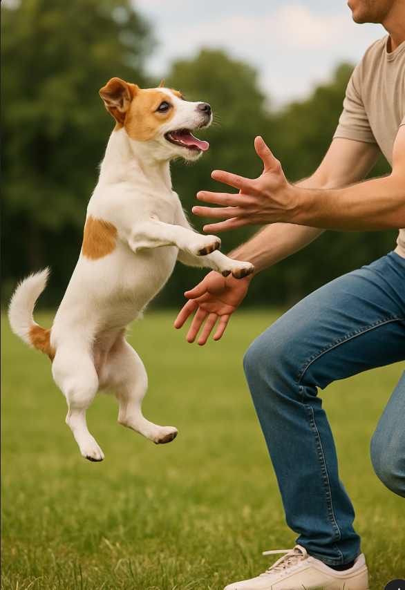 강아지가 주인에게 점프하는 모습