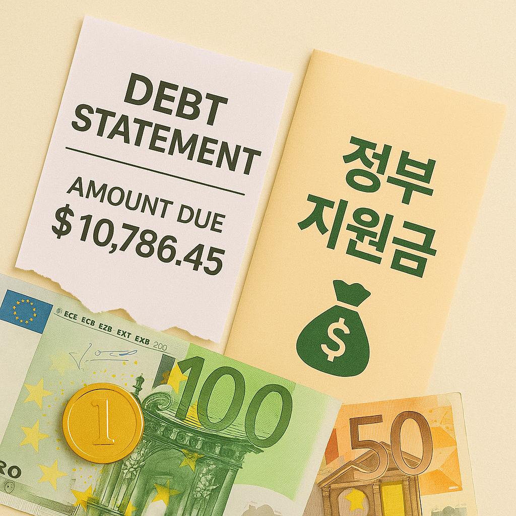 지원금 관련 정부 문서 및 유로화가 포함된 이미지