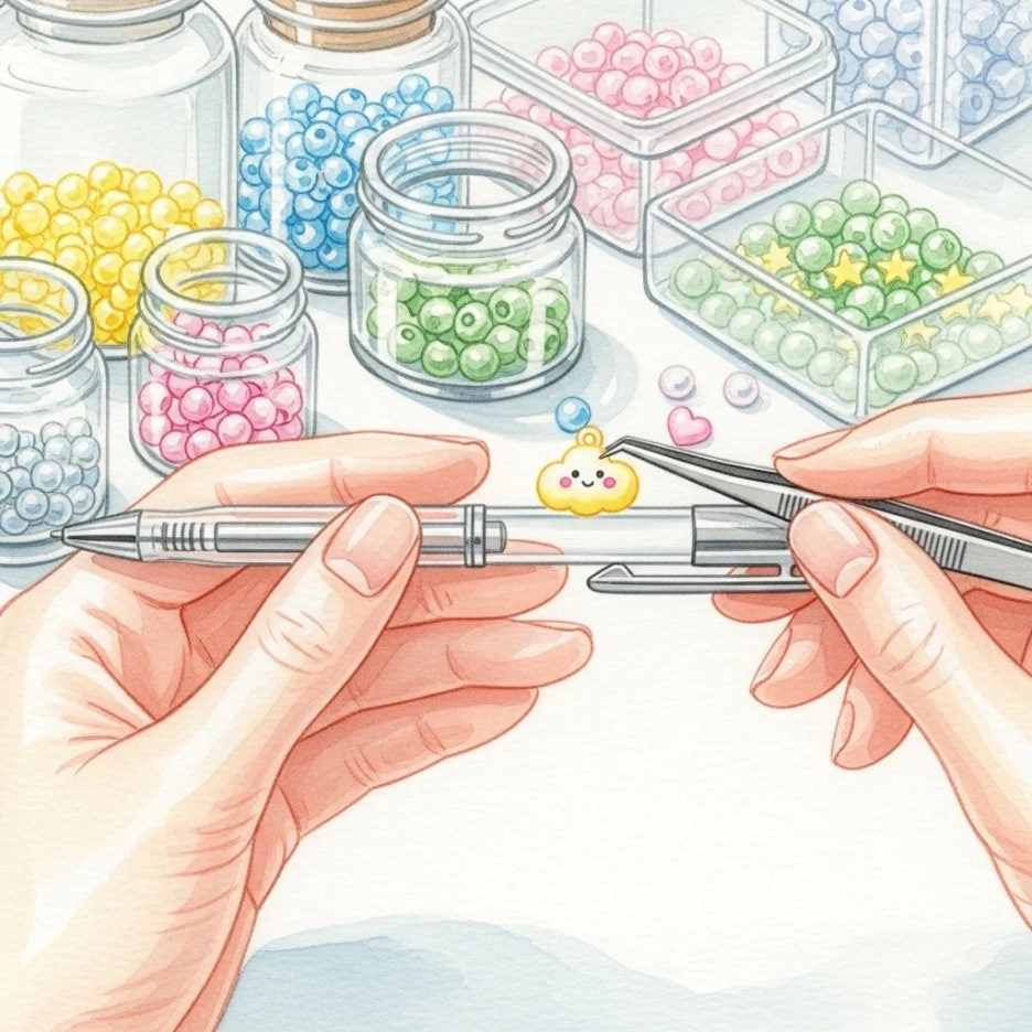 작은 파츠로 볼펜을 꾸미는 손길