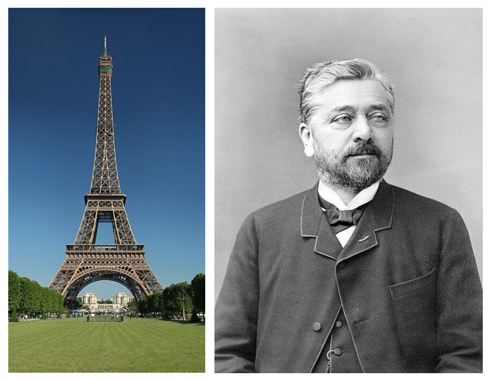 [좌] 마르스 광장에서 바라본 에펠탑의 모습. 2009년 1월 1일 &lsquo;Benh Lieu Song&rsquo; 촬영. ｜ [우] 에펠탑 건축을 담당한 &lsquo;귀스타브 에펠&rsquo;의 초상.