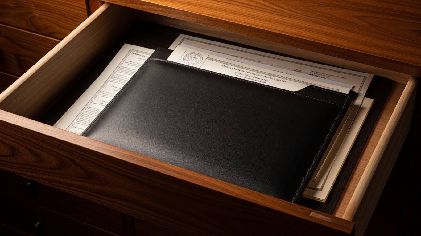 미래의 벌점 리스크에 대비해 소중히 쌓아온 마일리지 기록을 상징하는 서류함