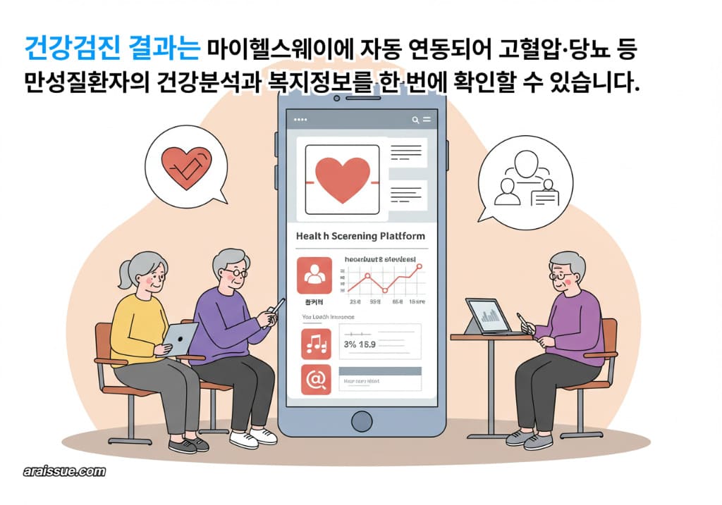 고령자가 마이헬스웨이 플랫폼을 통해 건강검진 결과와 복지 혜택 정보를 확인하는 장면으로, 2025년부터 시행되는 건강정보 통합 관리 제도를 보여줍니다.