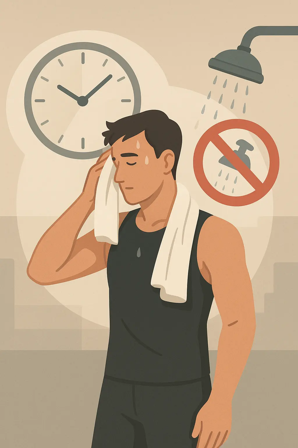 운동-직후-땀을-식히며-수건으로-얼굴을-닦는-남성과-15분을-기다리라는-시계를-보며-샤워-금지-표시가-함께-배치된-인포그래픽