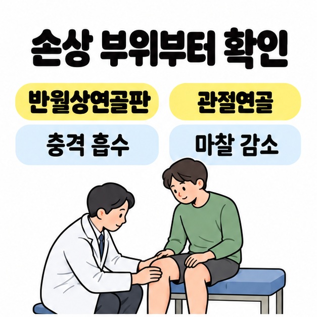 손상 부위부터 확인 문구 아래 반월상연골판의 충격 흡수와 관절연골의 마찰 감소를 비교하고 의료진이 무릎을 진찰하는 그림