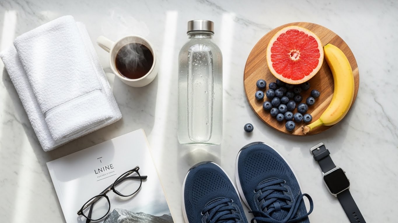 물병,-신선한-과일,-러닝화,-일반적인-피로-회복-음료를-곁들인-깔끔한-아침-루틴의-사진입니다.