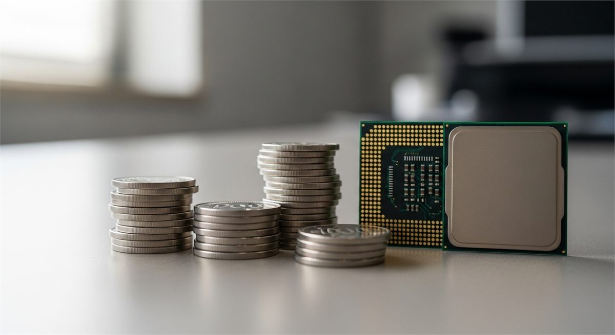 반도체 칩과 동전으로 기업 배당을 상징적으로 표현한 장면