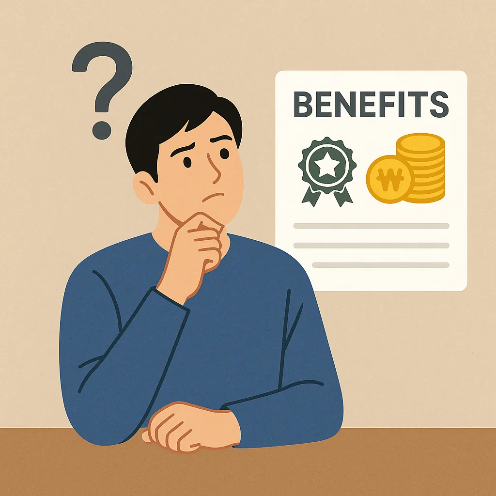 지자체-복지포인트-혜택이-실제-있는지-고민하는-청년과-복지혜택-카드-이미지를-함께-표현한-일러스트