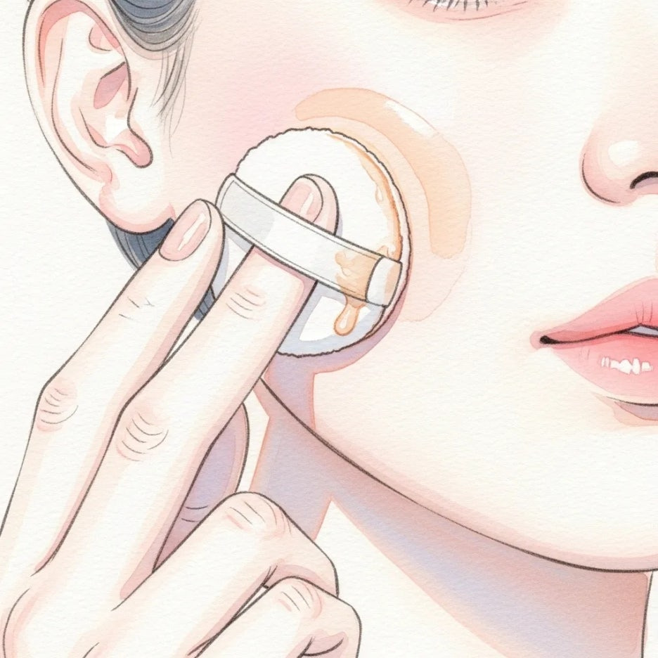 쿠션을 펴 바르는 손과 자연스럽게 커버된 피부